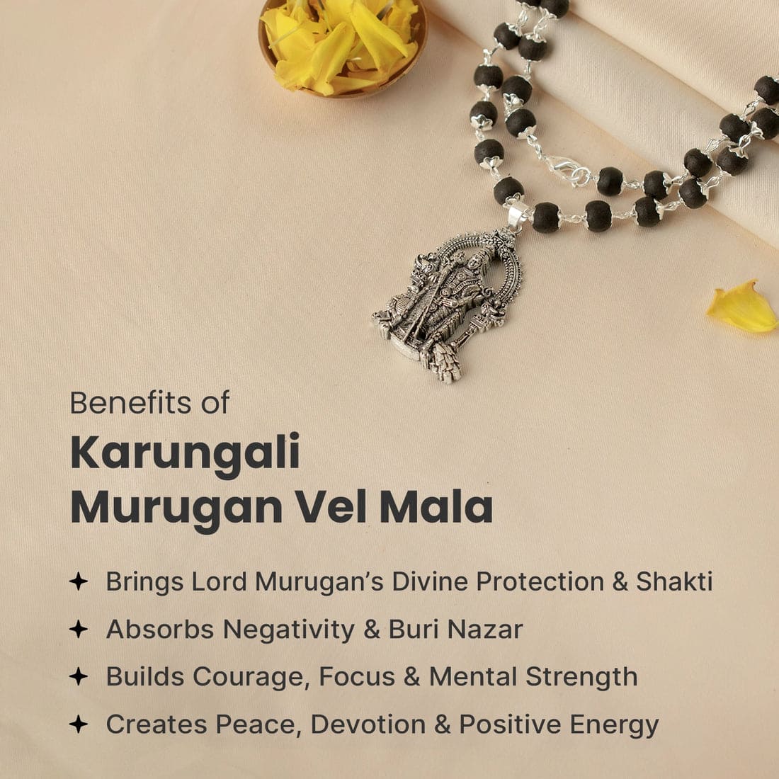 Silver Plated Karungali Mala with Lord Murugan Pendant