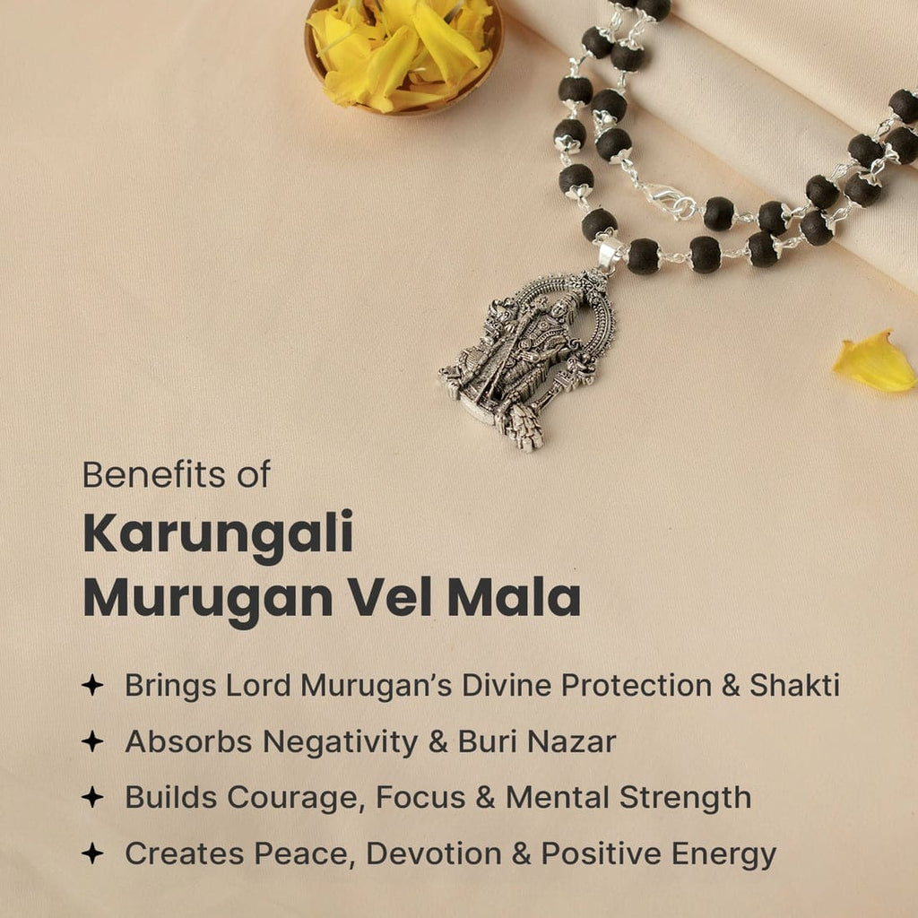 Silver Plated Karungali Mala with Lord Murugan Pendant