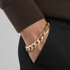 Men's thick Cuban link bracelet with heavy gold plating in brass material, waterproof and anti-tarnish