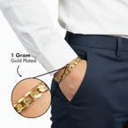 Gold bracelet on a wrist with close-up of chain detail, labeled '1 Gram Gold Plated'.