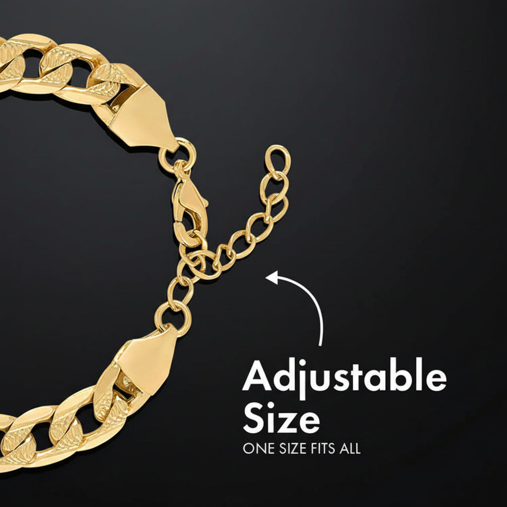 Gold chain bracelet with adjustable size feature on a light gray background