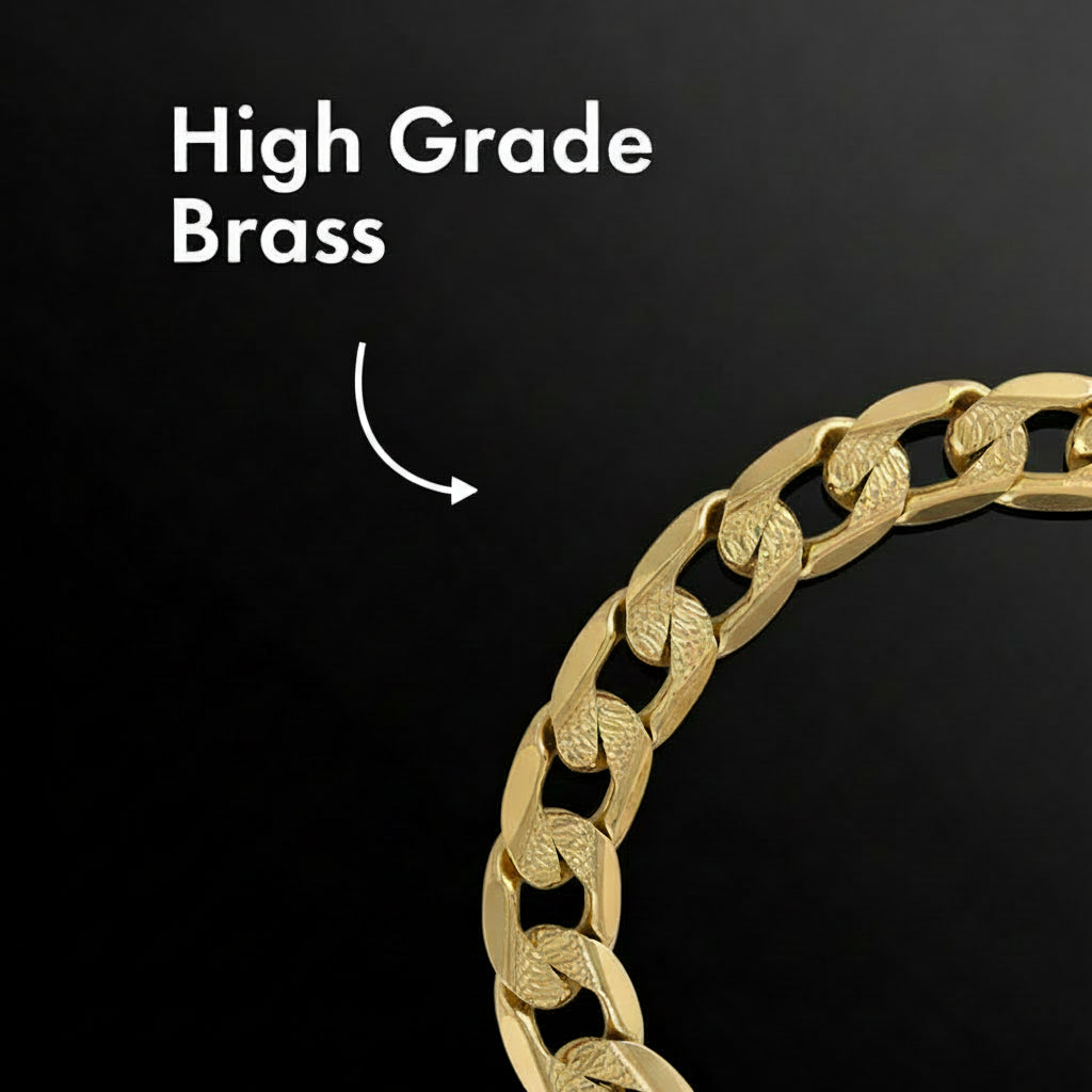 Gold chain bracelet with 'High Grade Brass' text on a white background