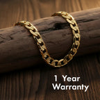 cuban bracelet on a wooden surface with '1 Year Warranty' text.