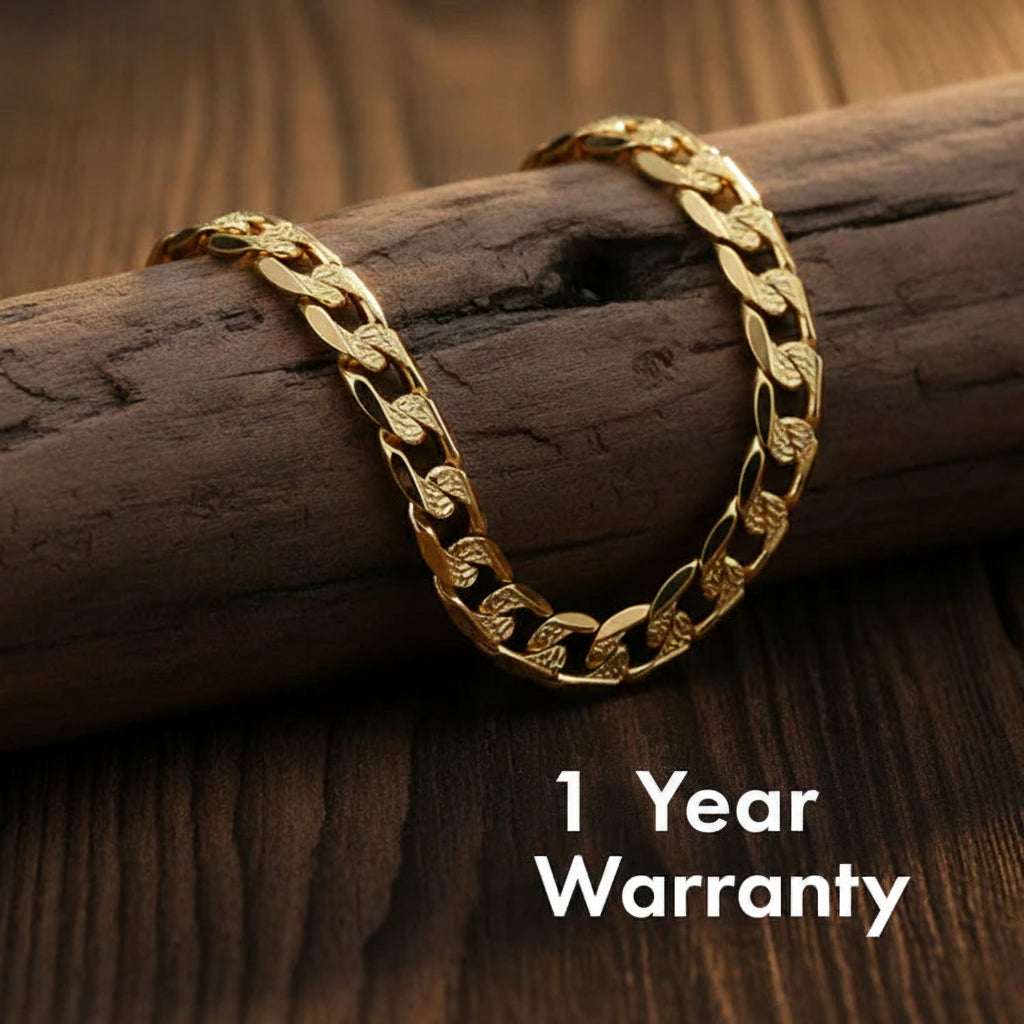 cuban bracelet on a wooden surface with '1 Year Warranty' text.